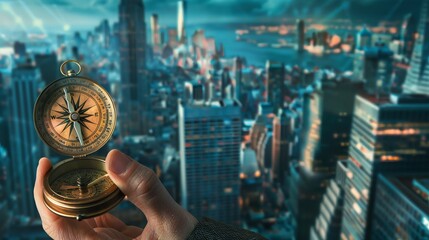 A businessman holds a compass to navigate through the global economic crisis, aiming to resume business growth. This signifies the need to rethink, reinvent, and recover in investment, banking, and fi