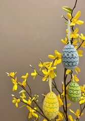 Spring Forsythia flowers and Easter Eggs