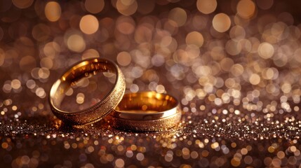 Obraz na płótnie Canvas Panoramic banner of two upright gold wedding bands symbolic of love and romance on a textured glitter background