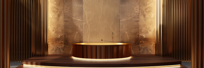 Wooden podium with a golden backdrop, creating a luxurious and opulent setting for product presentations.