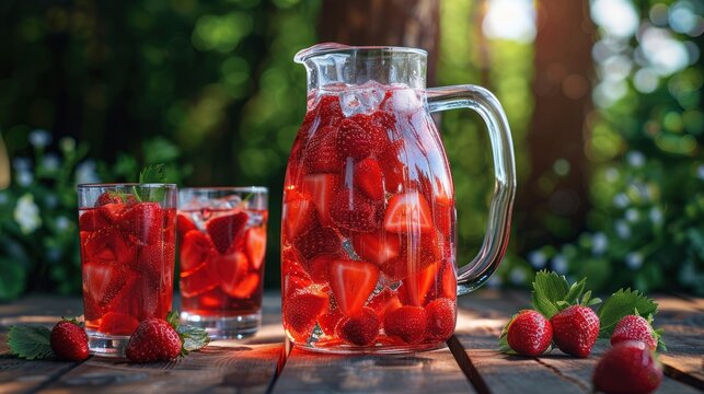 A cool summer beverage featuring strawberries served in a jug and glasses on a rustic wooden table