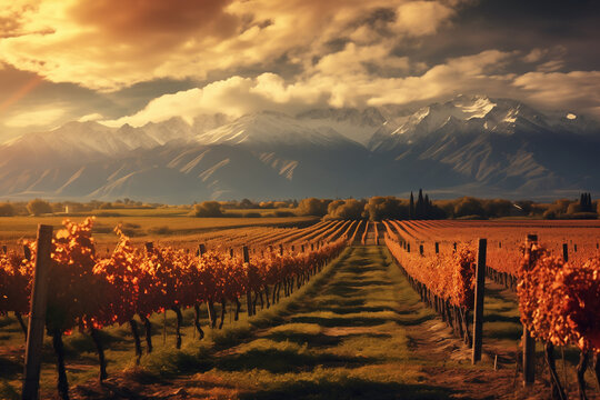 Vineyard near Mendoza, beautiful landscape in autumn sunset