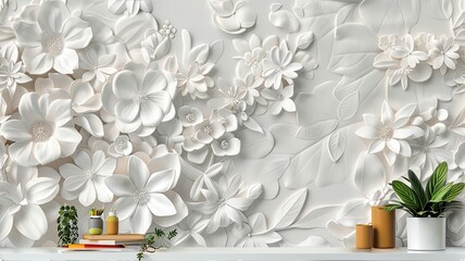 an immersive 3D mural illustration featuring delicate white flowers blossoming against a clean white backdrop.