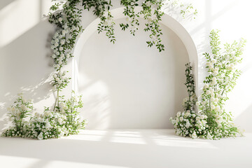 Interior wall with single arch decorated with greenery and wedding flowers, minimalist composition style