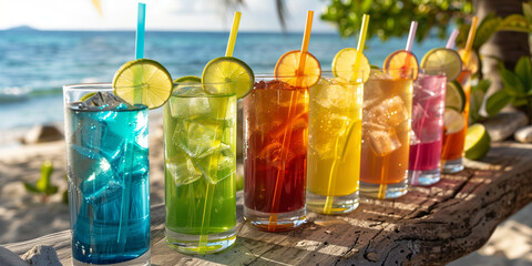 An old, long wooden table on the beach with drinks of various colors lined up on it.jpg