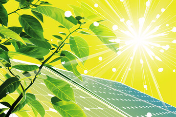 Illustration of sun rays shining through leaves onto solar panel