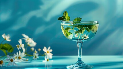 A transparent glass containing a fresh cocktail garnished with mint leaves and flowers sits atop a surface, set against a blue background.