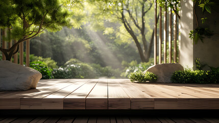 Wooden podium in a serene outdoor setting, capturing the essence of nature and offering a calming scene. - obrazy, fototapety, plakaty