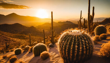Saguaro, golden barrel and San Pedro cactus forest overlooks a mountain haze sunset in the hot desert, with warm tones, and beautiful scenery. Copy space Wild West scene usa Mexico - obrazy, fototapety, plakaty