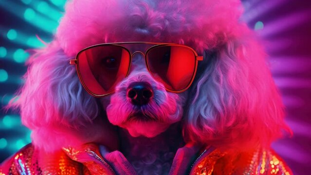 A fashionable dog wearing sunglasses and a pink jacket. Perfect for pet fashion blogs or animal accessories advertisements.