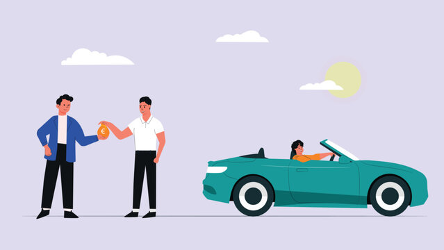 Happy customers couple handshaking with a manager in an auto salon Illustration concept. Can use for web banners, infographics, and hero images. Flat illustration isolated on white background.