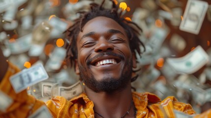  a man with dreadlocks and a yellow shirt is smiling and throwing money in the air in front of him is a lot of dollar bills in the air.