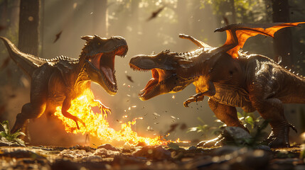 Witness an epic battle between a Tyrannosaurus Rex dinosaur and a dragon in this photorealistic high-resolution image. Ideal for creative, epic, branding, gaming or fantasy-themed projects - obrazy, fototapety, plakaty