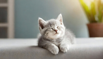 A cat with a sleepy expression with its eyes closed. A cat taking a nap. The cat's behavior is soothing.