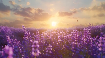 A sun-drenched field of lavender stretching out towards the horizon, its vibrant purple blooms dancing in the breeze. Bees flit from flower to flower, collecting nectar to make their sweet honey.  - obrazy, fototapety, plakaty