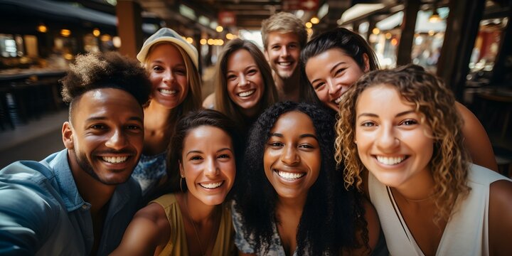 A group of joyful friends take a selfie exuding positive vibes. Concept Friendship, Positivity, Group Selfie, Joyful Moments, Smiling Faces