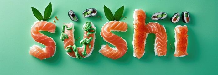 The word "sushi" is made of pieces of sushi with salmon on top in the shape of a letter, placed on a green background. - Powered by Adobe
