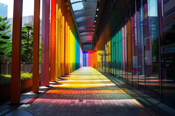 rainbow colored corridor in the city - obrazy, fototapety, plakaty