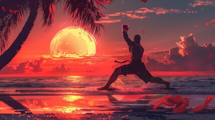 Muay Thai Training on Tropical Beach at Sunset