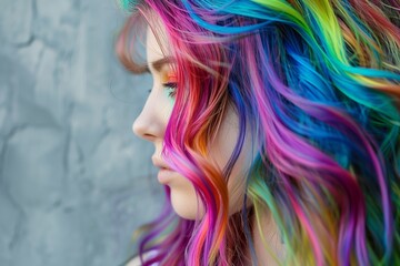 young beautiful woman with long rainbow colored hair