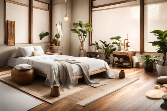 A yoga retreat-inspired bedroom with calming colors, zen decor, and a dedicated meditation space, promoting relaxation and well-being