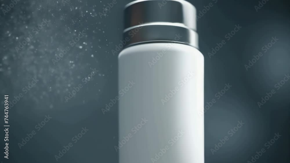 Poster close up of a water bottle on a table. suitable for hydration or eco-friendly concepts.