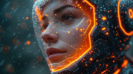  a close up of a woman's face in a futuristic suit with orange and blue lights coming out of the upper half of her face and a black background.