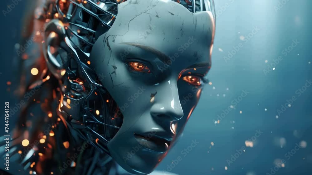 Poster close up of a robot's face with glowing eyes, suitable for technology concepts.