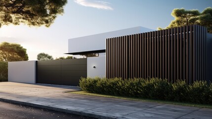 Fototapeta na wymiar a modern fence surrounding an architecturally striking house, bathed in perfect cinematic light, ideal for commercial use.