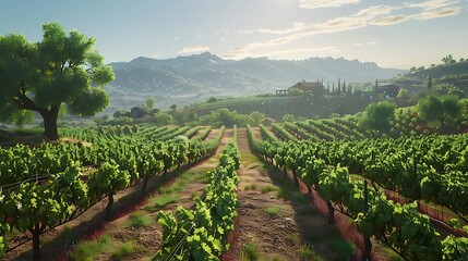 A sun-drenched vineyard nestled in the rolling hills of wine country, where rows of grapevines stretch towards the horizon in neat, orderly rows. The air is alive with the sounds of buzzing insects 