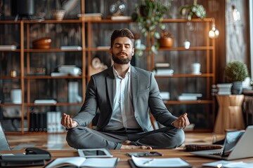 A barefoot man in a business suit meditating in his office.