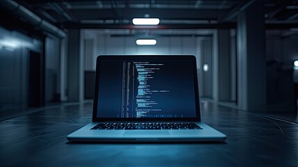 An open switched-on laptop in a large room.