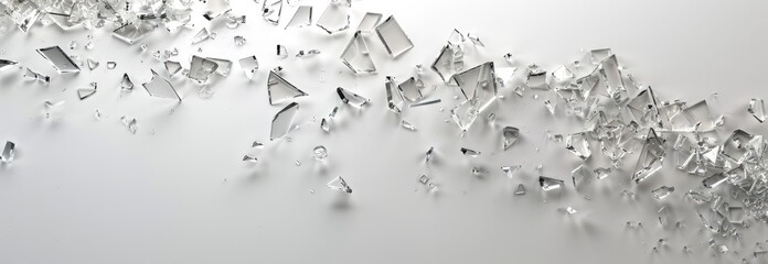 Pieces of broken glass scattered on a white background