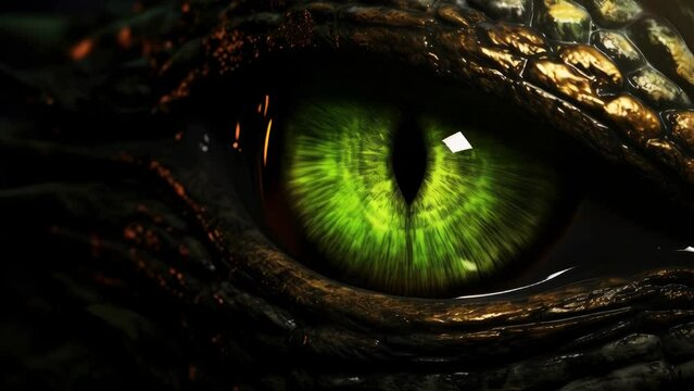 Detailed close-up of a green dragon eye. Suitable for fantasy themes.