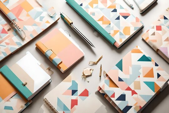 A set of colorful, minimalistic notebooks with geometric patterns on the covers