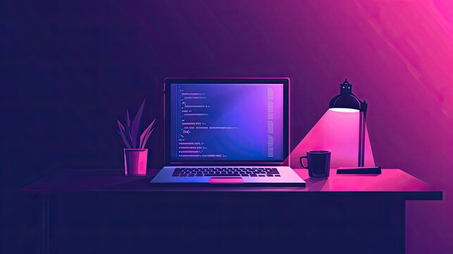 An illustration of a desktop with an open laptop.