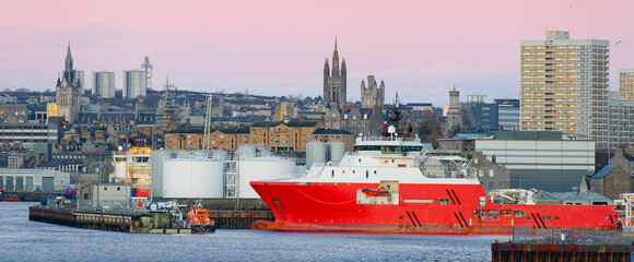 Aberdeen harbour and ship viewed during sunrise