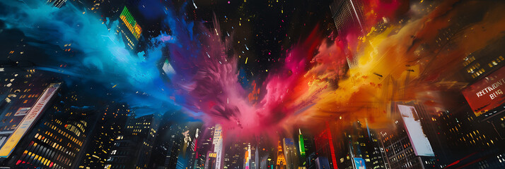 Fototapeta na wymiar Colored powder explosion against a backdrop of city lights, creating a dynamic contrast