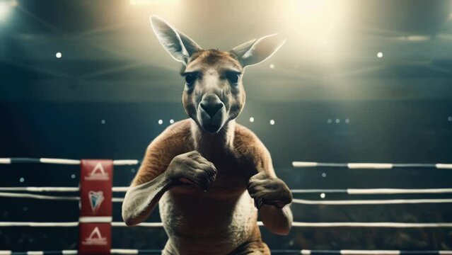 A kangaroo standing in a boxing ring. Suitable for sports and animal themes.