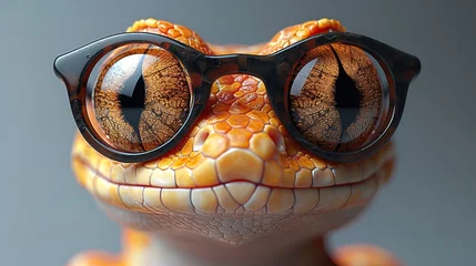 Poster cute cartoon snake with glasses, photorealistic scenes, full frame, --chaos 30 --ar 16:9 --style r © Jūlija