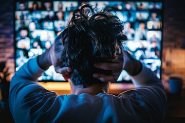 Man with hands on head, overwhelmed by multiple video call screens.