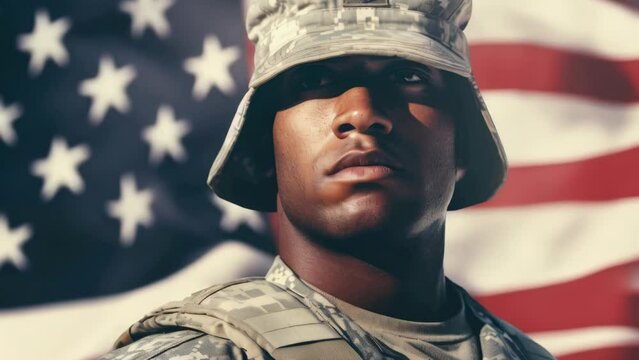 A close up image of a soldier standing in front of an American flag. Perfect for patriotic and military-themed designs.
