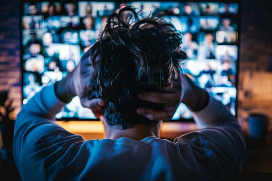 Man with hands on head, overwhelmed by multiple video call screens.