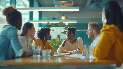 Diverse coworkers working together in boardroom, brainstorming, discussing and analyzing and planning business strategy.