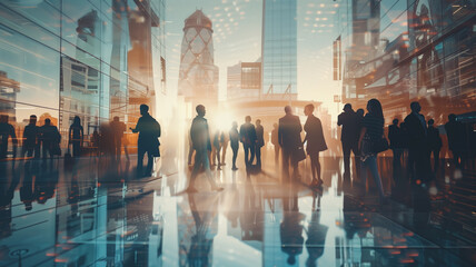 Double exposure image of many business people conference group meeting on city office building in background. - obrazy, fototapety, plakaty