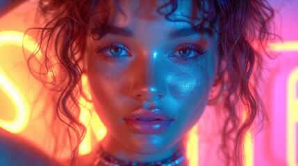 Fototapeta premium a close up of a woman's face with blue and pink light shining on her face and her hair blowing in the wind and a neon sign behind her.