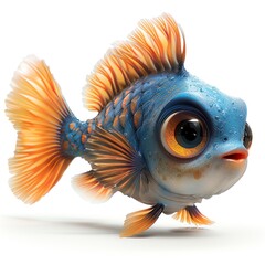 Fototapeta premium The image depicts a colorful fish with orange and blue fins, a white face, and brown around its eyes. It has a scared expression and is swimming in the water. Generate AI 