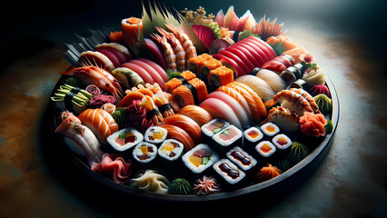 A colorful sushi platter showcasing an assortment of fresh fish and rolls 