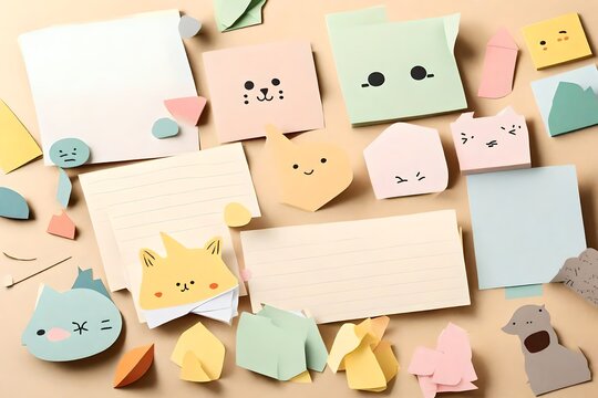 A set of playful, minimalistic sticky notes in various shapes and colors, featuring cute illustrations