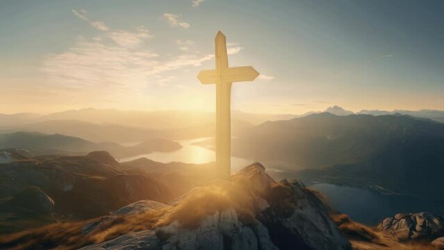 A serene image of a cross on top of a mountain overlooking a beautiful lake. Ideal for religious or inspirational concepts.